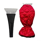Rascador de hielo para coche con guantes de forro polar, rascador de nieve de invierno, herramienta esencial de pala de nieve de felpa cálida (rojo)