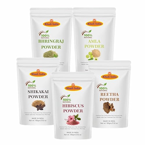 Image of Khadi 100% Herbal Pure Amla Reetha Shikakai, Bhringraj and Hibiscus for Hair |Hibiscus Powder /gudhal powder /gudhal fool powder (Pack of 5,100g each,Total 500g Pack)