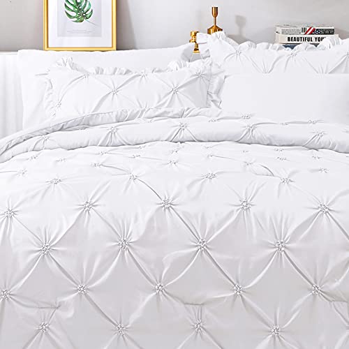 JOLLYVOGUE White Cal King Size Comforter Sets 7 Pieces, Pintuck Bed in a Bag Comforter Set for Bedroom, Bedding Comforter Sets with Comforter, Sheets,Ruffled Shams & Pillowcases