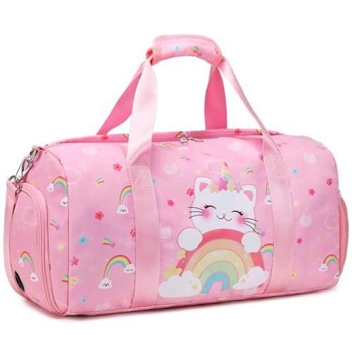 Girls Duffle Bag, Unicorn Cat Dance Gym Sports Ballet Bag with Shoe Compartments, Girls Overnight Weekender Carry On Travel Bag