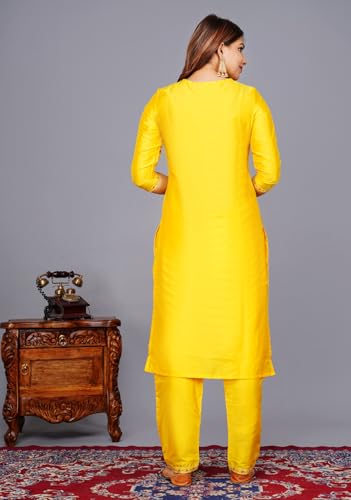 Image of Women's Silk Embroidered Kurta with Pant and Dupatta Set, Straight Style