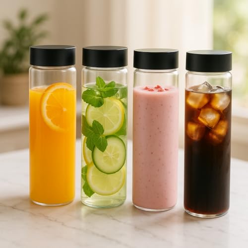 Image of 750ml Glass Water Bottle Pack of 4 Wide Mouth Clear Glass Bottle with Black Leak-Proof Cap Drinking Bottle for Juice, Water, Milk, Shakes, Detox & All Beverages BPA-Free Fridge-Safe Bottle