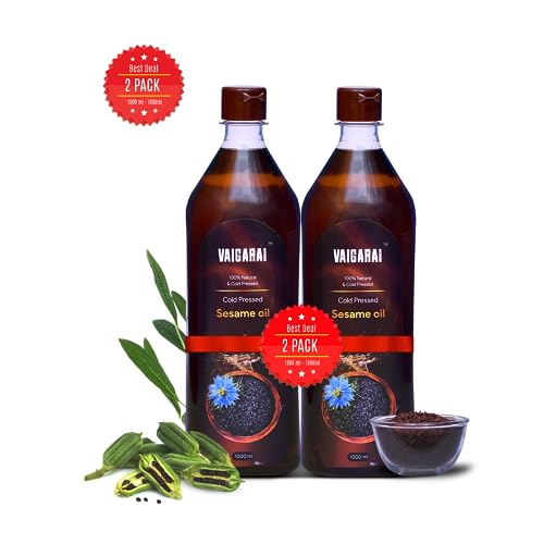 Image of VAIGARAI Wood Pressed Sesame Oil 2 Litre (1L - Pack of 2) | Kachi Ghani Gingelly Oil | Cold Pressed Til Oil | Unrefined & 100% Pure | Cooking & Oil Pulling Use