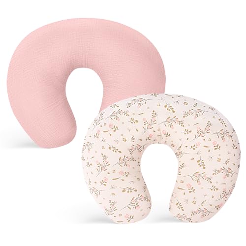 Image of Winmany 2 Pack Muslin Nursing Pillow Covers Soft Cotton Newborn Breastfeeding Pillow Cover Baby Feeding Pillow Slipcover Shower Gifts for Boys Girls (Pink + Flower)