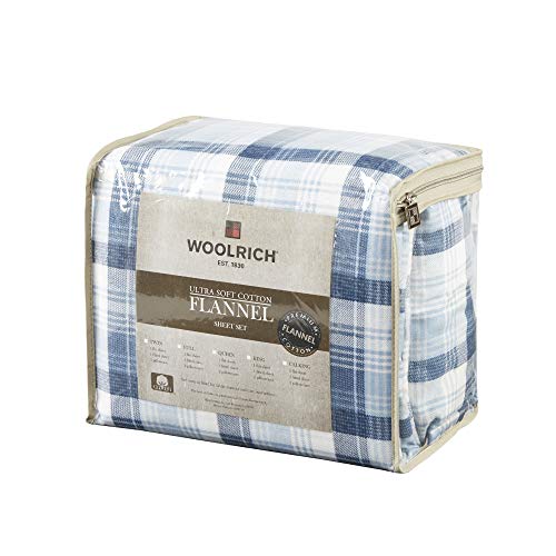 Image of Woolrich Cotton Sheet Set Cottage Charms Print, 100% Cotton Flannel Sheets Warm & Fuzzy Bedding Set King Size Sheets, Fitted Pocket Fits Up to 14 inch Mattress, King Blue Plaid, 4 Piece