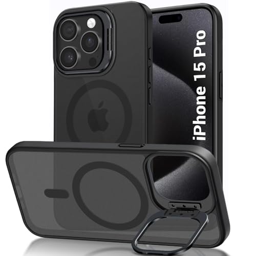 Image of TheGiftKart Hybrid Matte Frosted Back Cover Case for iPhone 15 PRO Compatible with MagSafe | Built-in Stand | Shockproof Hard Case Cover for iPhone 15 PRO (PC & TPU, Translucent Black)