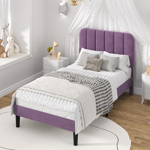 Image of VECELO Twin Size Bed Frame with Upholstered Headboard, Velvet Platform Bedframe Mattress Foundation, Strong Wood Slat Support, No Box Spring Needed,Purple