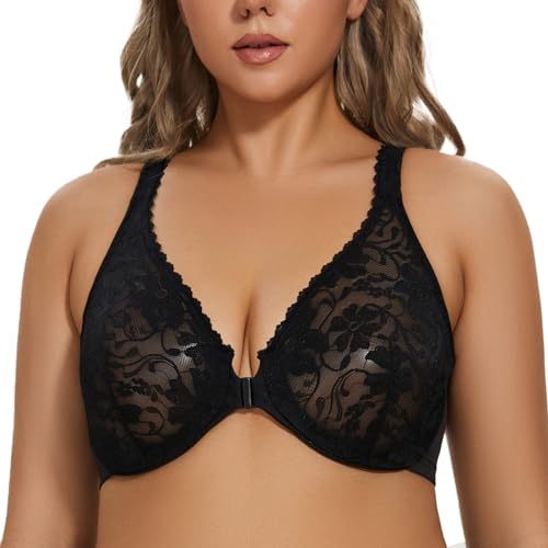 MELENECA Women's Front Fastening Underwire Plus Size Racerback Non Padded Sexy Lace Bra Black 38E