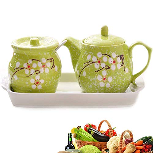 DSJSUG Dispensador de Botellas de Aceite y vinagre Tanque de Especias Cerámica Botella de Aceite de Oliva Botella de Aceite a Prueba de Fugas, diseño de Flor Delicada 400ML y 500ML (Verde) Cover