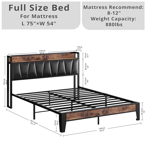 LIKIMIO Full Size Bed Frame, Storage Headboard with Charging Station, Solid and Stable, Noise Free, No Box Spring Needed, Easy Assembly (Vintage and Black)