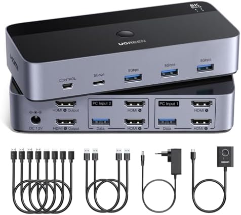 UGREEN HDMI 2.1 KVM Switch 2 PC 2 Monitore 8K60Hz 4K240Hz mit 4 HDMI Kabeln | KVM Switch 2 In 2 Out(NUR HDMI-Anschluss), Bis zu 8K@60Hz 4K@240Hz Kompatibel mit Windows/Linux