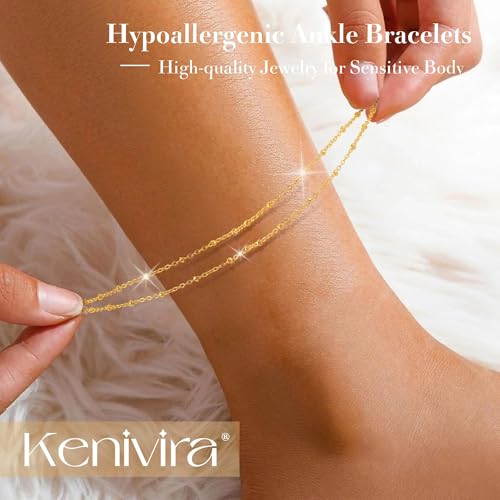 Image of Kenivira Sterling Silver Ankle Bracelets for Women,Gold Dainty Layered Waterproof Anklet for Women, Anklet Set Stackable Beach Gift Adjustable Size