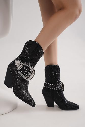 Women's Rhinestone Buckle Boots Ankle Boots Cowboy Boots Stacked Block Heel Boots Cowgirl Boots Pointed Toe Boots4