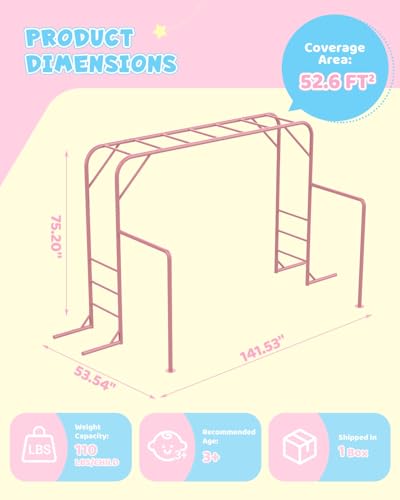 LeisureStar Outdoor Monkey Bar Set with Climbing Frame, Gymnastics Bars, Playground Set for Backyards, Metal Monkey Bar for Kids Age 3 and Up, Backyard Playground Set with Powder Coated Steel, Pink