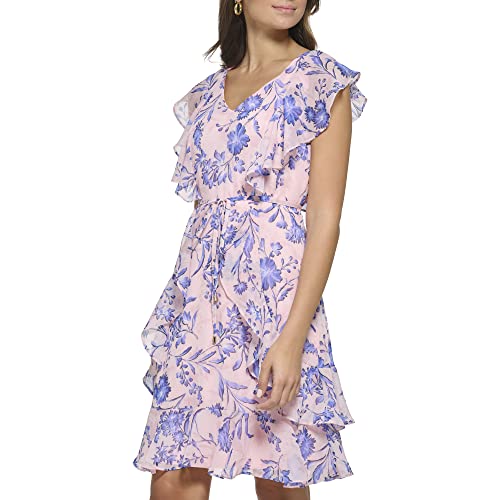 Image of Tommy Hilfiger Women's Sleeveless V-Neck Ruffle Trim Tie Waist Chiffon Mini Dress