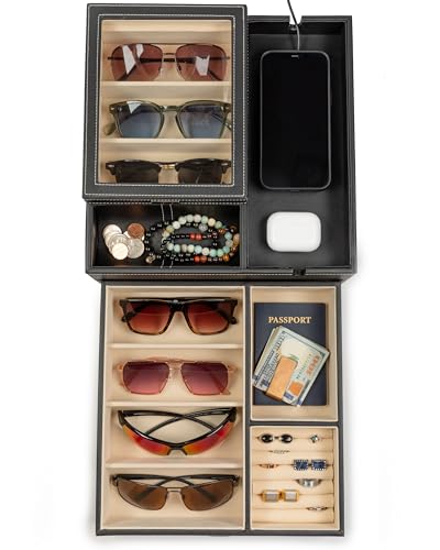 Image of HOUNDSBAY Lookout Sunglasses and Eyeglasses Organizer Storage Display Case Dresser Valet Box Charging Station (Black /Ivory)