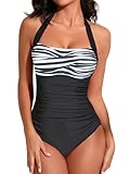 Smismivo Tummy Control Swimwear Halter One Piece Slimming Vintage Retro Swimsuit Womens Ruched Push Up Bathing Suit Black Stripe