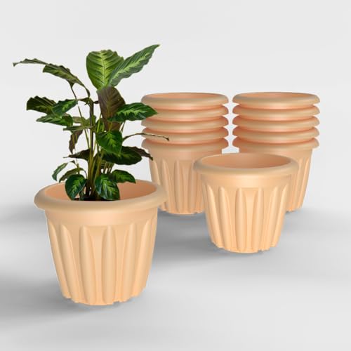 Image of YUCCABE ITALIA SHERA Floot Plastic Flower Pot Round Planter Suitable for Indoor Outdoor Kitchen Garden (Beige, 12 INCH - 12 Pcs)