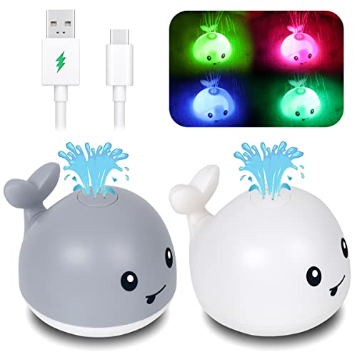 Aolige 2Pcs Upgraded Baby Bath Toys For Toddlers Kids,Light Up Bath Pool Toys Bathtub Spray Water Whale Waterproof Induction Sprinkler Shower Toys (Rechargeable White & Grey Whale) #TOP10