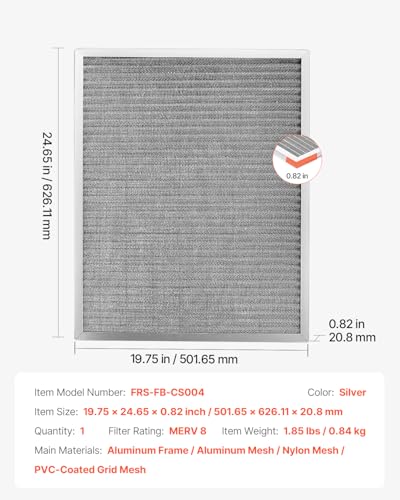 VEVOR Elektrostatischer Luftfilter, 501,65x626,11x20,8mm, Ersatz Filter, waschbarer & wiederverwendbarer Aluminium-AC/HVAC-Ofenfilter, MERV 8, lange Lebensdauer, gesünderes Zuhause oder Büro