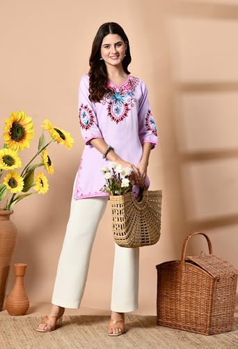 Image of LIBOZA Embroidered Kashmiri Tunic Top, Short Kurti for Women on Jeans, V-Neck, 3 /4 Sleeve, Floral Design,
