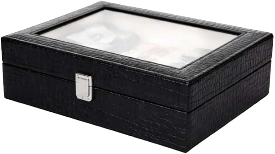 Caixa Organizadora Porta Relógios, 10 Espaços, Material Sintético Estilo Croco, com Visor de Vidro, Preta