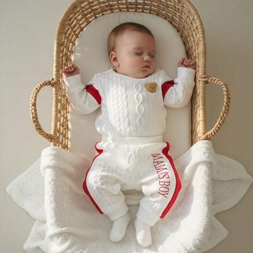 Image of Babieshouse Newborn Baby Boy Clothes Mamas Boy Bear Embroidery Long Sleeve Romper Pants Set Fall Winter Outfits 3-18 Months