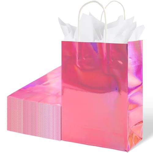 BLEWINDZ 32Pcs Small Paper Gift Bags with Tissues, Iridescent Party Favor Bags with Handles, Holographic Silver Gift Bag for Wedding Baby Shower Birthday Party Supplies