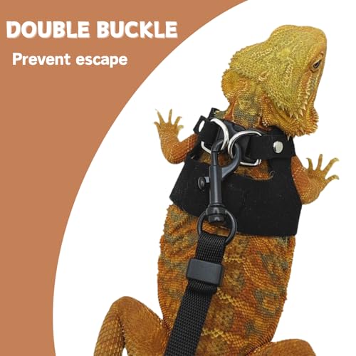 Image of Bearded Dragon Harness and Leash Set, Adjustable Harness Soft Leather-3 Sizes (S, M, L) with Leash, Lizard Reptile Traction Rope Walking Vest Accessories for Bearded Dragon, Iguana or Gecko (Black)