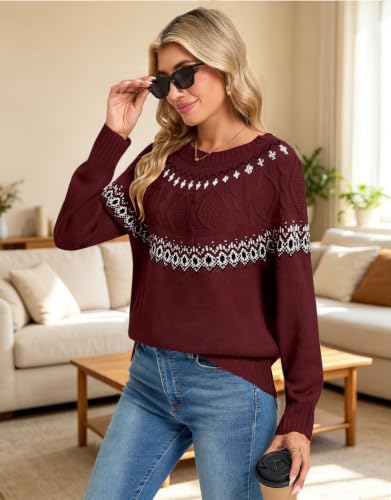 Image of Women's Fair Isle Sweater Crew Neck Long Sleeve Heart Sweater Vintage Tops