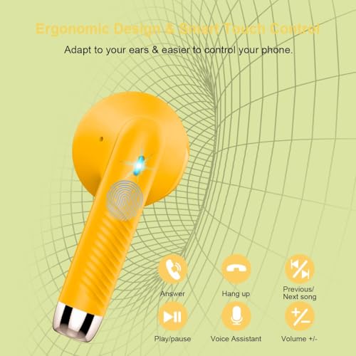 Image of Wireless Earbuds, Bluetooth 5.4 Earbuds Stereo Bass, Bluetooth Headphones in Ear Noise Cancelling Mic, Earphones IP7 Waterproof Sports, 32H Playtime USB C Charging Case Yellow Ear Buds for Android iOS