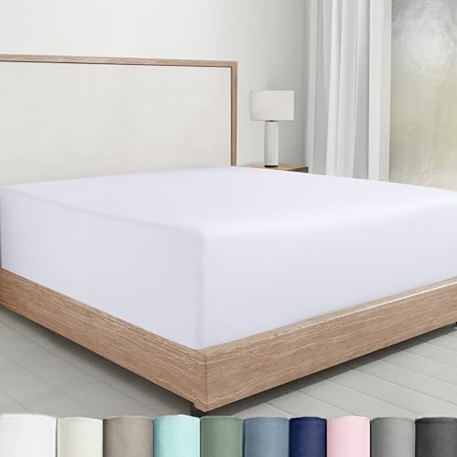 California Design Den 100% Cotton Fitted Sheet Queen Size, Deep Pocket, Durable Sateen, All-Around Elastic, Head/Foot Side Indicators, White Fitted Sheet Queen Only