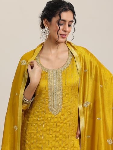 Image of Libas Embellished Silk Blend A-Line Kurta With Palazzo and Dupatta
