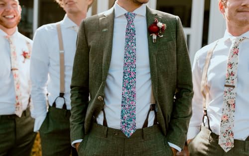 Image of Mantieqingway Men's Skinny Tie, Cotton Floral Ties for Men Wedding Necktie for Groom, Groomsmen, Missions, Dances