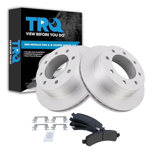 Image of TRQ Rear Brake Pad and Rotor Set Semi Metallic G Coated Rotors Compatible with 2006-2016 Chevrolet Express 2500 2003-2016 Express 3500 GMC Savana 2500 Savana 3500