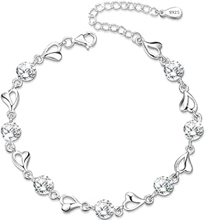 Silver Bracelets for Womens,925 Sterling Silver Heart Bracelet Friendship Crystal Bracelet Zirconia Adjustable Ladies Bracelets,Mothers Day Gifts for Women Mum Wife,White,Blue,Pink,Purple