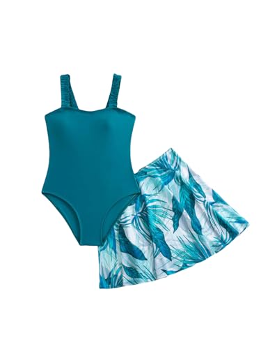 MakeMeChic Girl's One Piece Tummy Control Swimsuit with Tropical Print Mesh Beach Skirt Swimwear