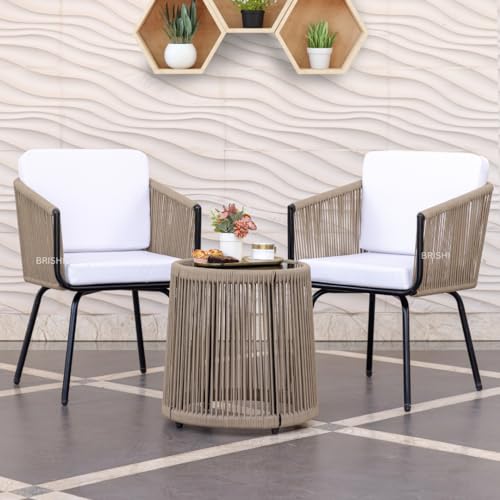Image of BRISHI Garden Patio Seating Chair and Table Set Outdoor Balcony Garden Coffee Table Set Furniture with 1 Table and 2 Chairs Set with Cushion Braid & Rope (BRISHI 124 Beige)