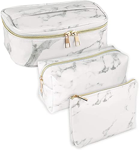 3 Pack Trousse De Maquillage en Marbre Trousse De Toilette Trousse De Voyage Portable Trousse De Maquillage Pinceaux De Maquillage Sac Organisateur Étanche Sac pour Femmes Filles Hommes (Blanc) Cover