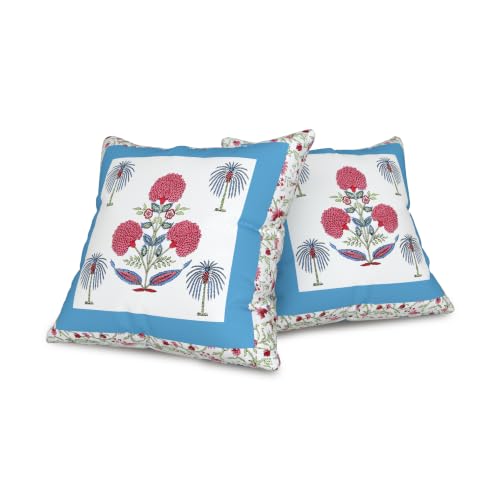 Image of BLOCKS OF INDIA 200TC Diwan Set Cotton 8 Piece | Deewan Printed Bedsheet Sets for Living Room Hall (Set of 8 Piece, 1-Bed Sheet | 2-Bolster Cover | 5-Cushion Cover (Open Blue Motif)