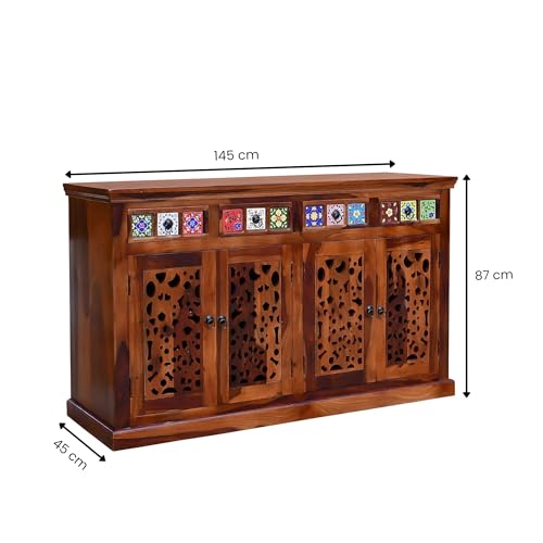 Image of SONA ART & CRAFTS CNC Solid Sheesham Wood Sideboard Cabinet Storage Organizer with 4 Drawer & Door Cabinet for Home Kitchen Living Room & Bedroom Multi Shelves Cabinets Hallway Dinning (Honey Finish)