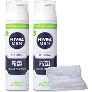 2 x 200ml Shaving Foam Mousse for Men Sensitive Skin Face Body Soft Clean With Soft Aftershave KRISP Towel