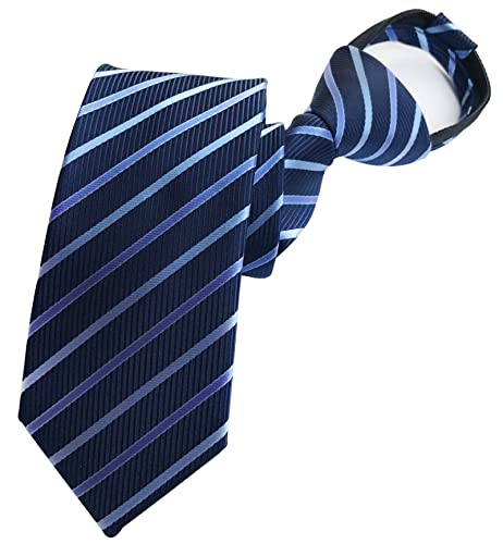 Vizakiss Mens Navy Blue Striped Silk Tie Necktie Adjustable Zipper Skinny Pre Tied Slim Ties Clip on Ties for Men or Boys Pretied Silk Necktie