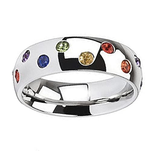 Gay & Lesbian Pride Domed Scattered CZ Rainbow Ring - Stainless Steel w/CZ Stones. LGBTQ Gay & Lesbian Jewelry Promise Rings