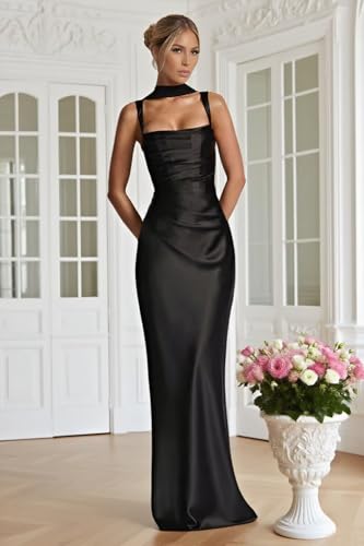 Satin Bridesmaid Dresses for Women Square Neck Pleats Long Formal Prom Dress Wedding Guest Gown with Scarf4