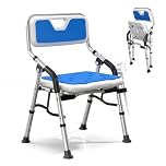 Foldable Shower Chair for Elderly & Disabled, Adjustable Height Bath Seat with Arms & Backrest, Lightweight Aluminium Frame with Anti-Slip Pads & Cushion, 150 Kg Capacity