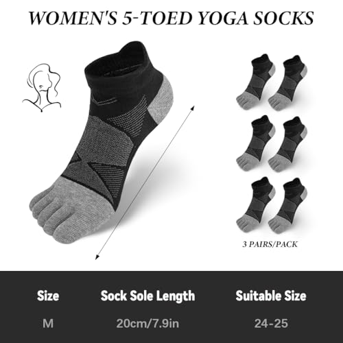 Image of PROBEROS 3 Pairs Mens 5-Toe Yoga Socks, Moisture-Wicking Cotton, Anti-Skid Towel Sole, Athletic Ankle Socks for Exercise, Running & Yoga