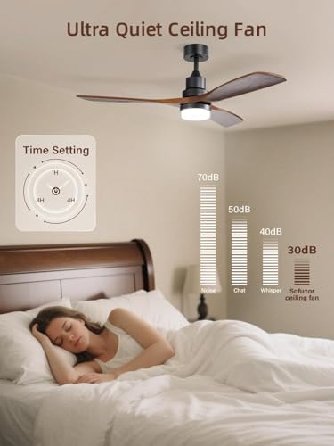 Image of Sofucor 52 Inch Wood Ceiling Fans with Lights and Remote, Indoor /Outdoor | Modern, 3 Blade, Quiet Reversible DC Motor, 3CCT Dimmable, 6 Speeds, Timer, Bedroom /Living Room /Farmhouse /Patio /Porch, Brown
