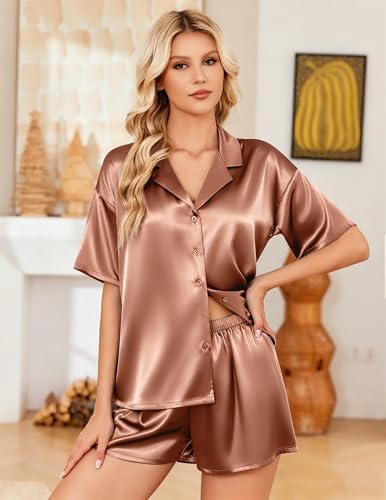 Image of Ekouaer Womens Satin Pajama Set Short Sleeve Button Down Sleepwear 2 Piece Silky Pj Set Soft Loungewear for Ladies