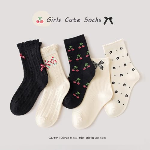 Girls Socks Mid-Calf Pattern Ribbed Cuffs Crew Socks Cute Casual Novelty Socks for Girls 5 Pairs4